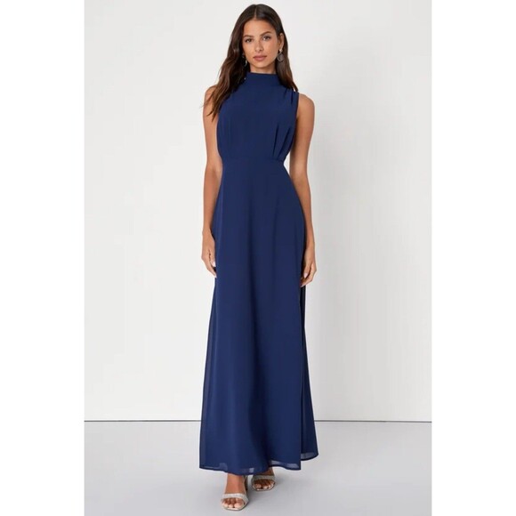 Lulus Classic Elegance Navy Chiffon Sleevless Mock Neck Maxi Dress Large NWT $99 - Picture 1 of 15